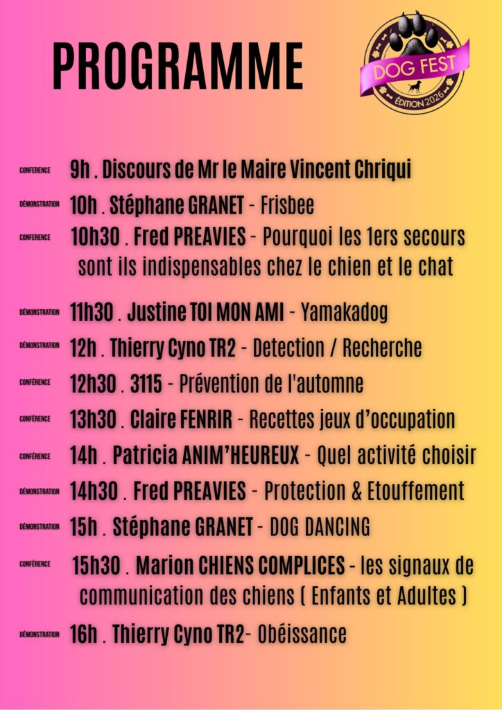 Programme du DogFest 2026 à Bourgoin-Jallieu avec conférences et démonstrations canines